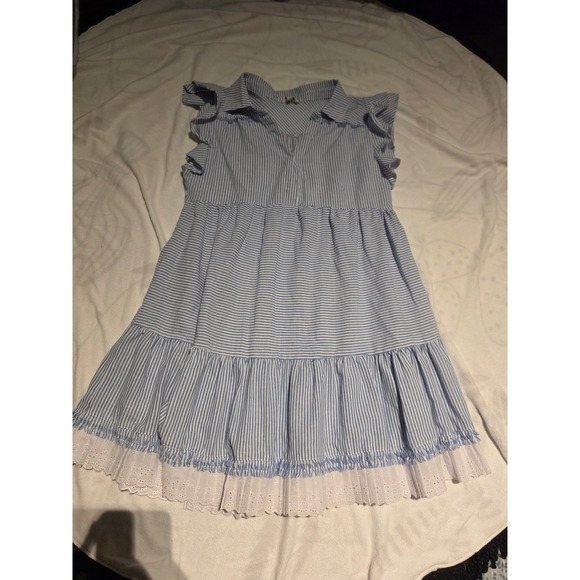 Umgee USA Dresses & Skirts - Umgee USA Blue White Striped Tiered Eyelet Lace Trim Ruffle Mini Dress Medium